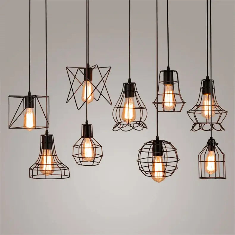 Retro iron art black cage pendant light dining room amber bulb
