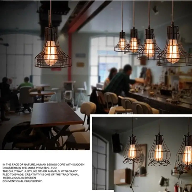 Retro iron art black cage pendant light dining room amber bulb
