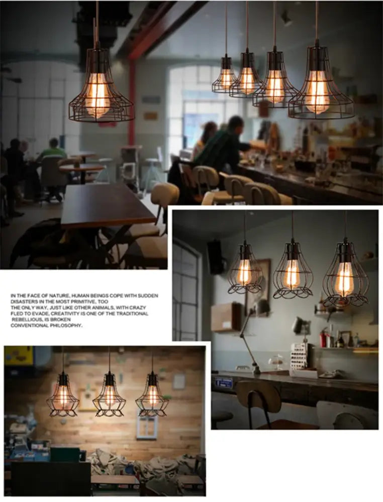 Retro iron art black cage pendant light dining room amber bulb