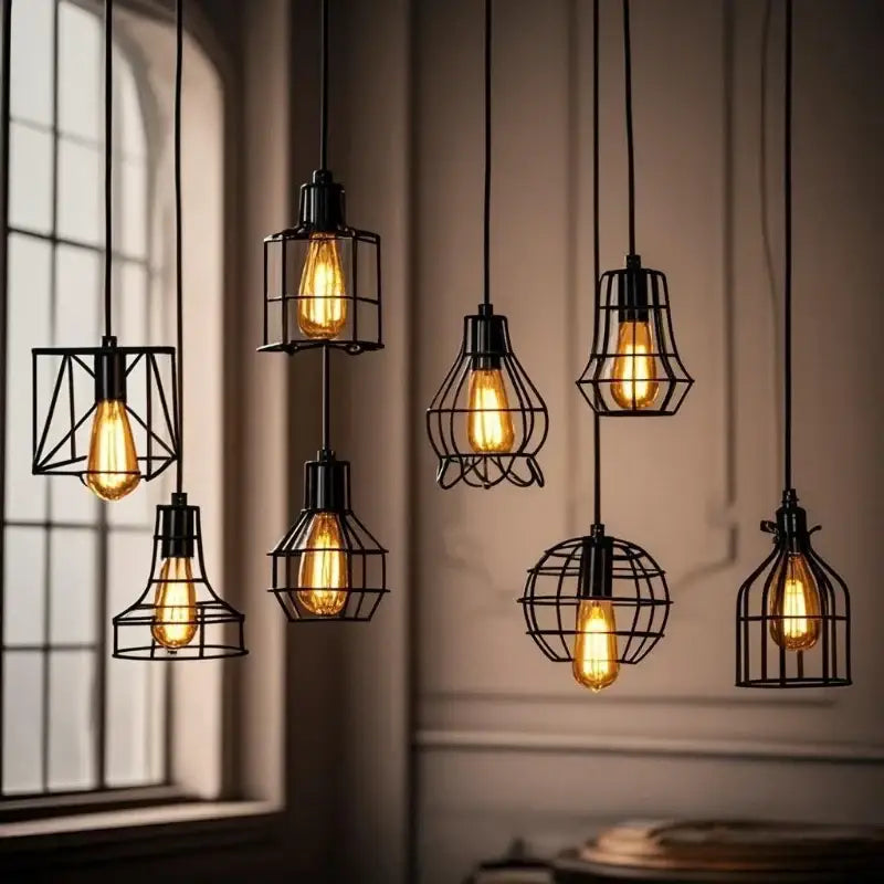 Retro iron art black cage pendant light dining room amber bulb