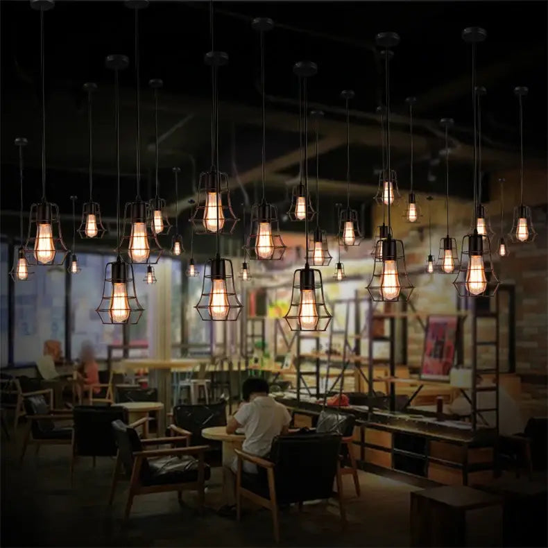 Retro iron art black cage pendant light dining room amber bulb