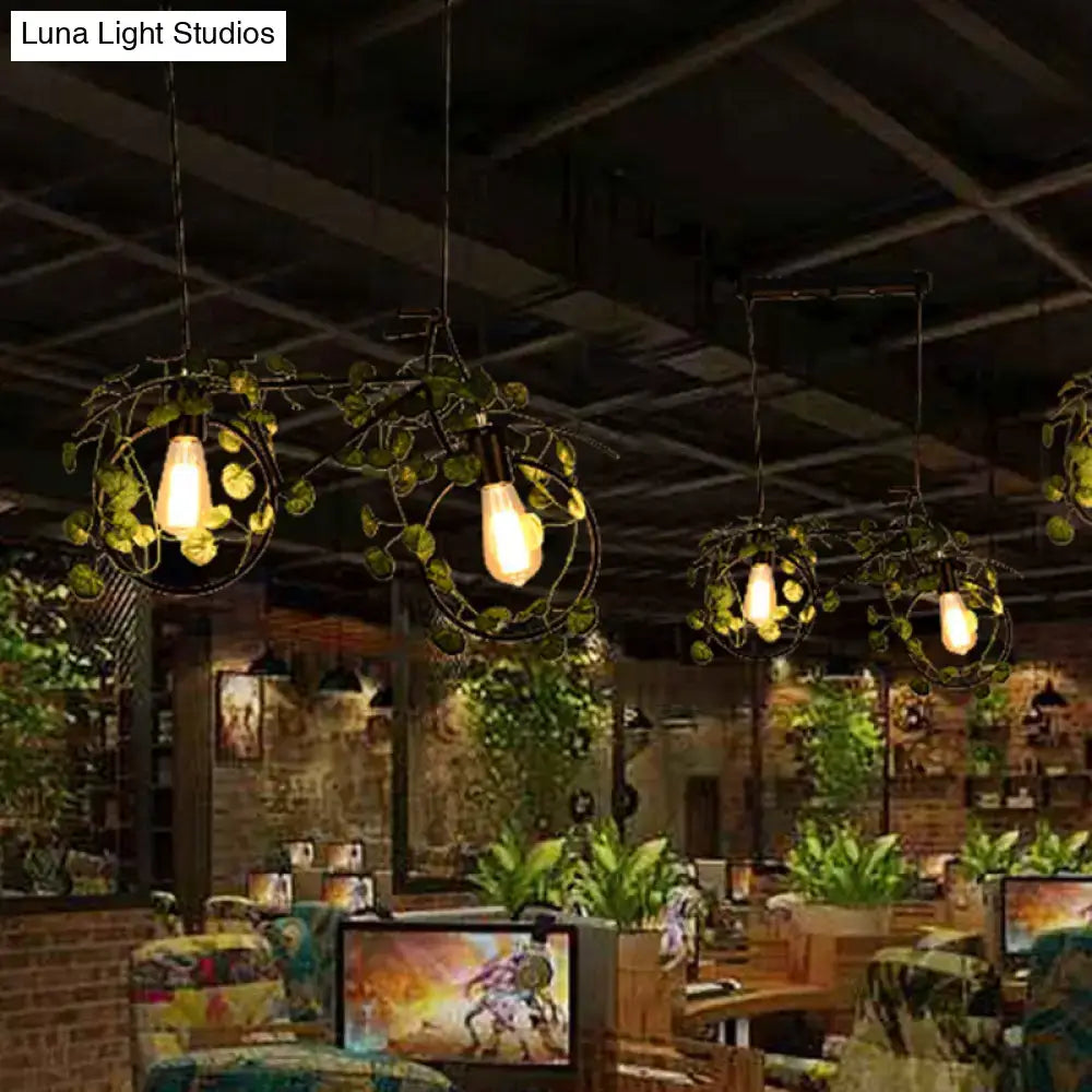 Industrial retro bicycle ceiling light with plant decor dining room