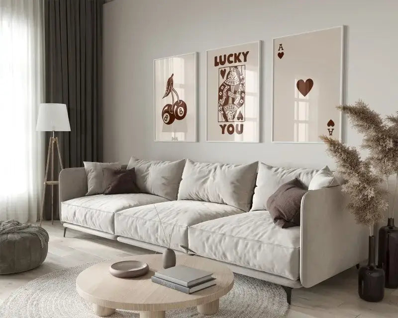 Modern beige sectional sofa and hearts canvas art set living room