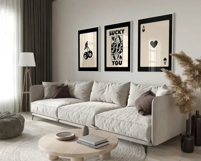 Modern beige sectional sofa and hearts canvas art set living room