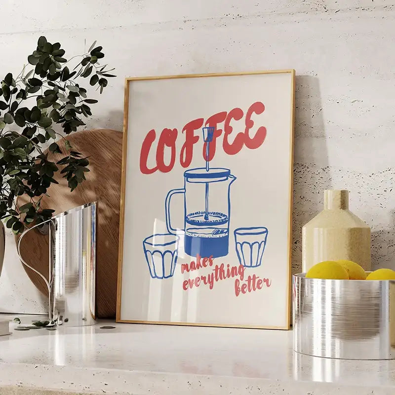 Retro blue and pink espresso wall art kitchen framed poster