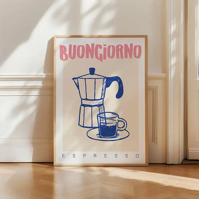 Retro blue and pink espresso wall art kitchen framed poster