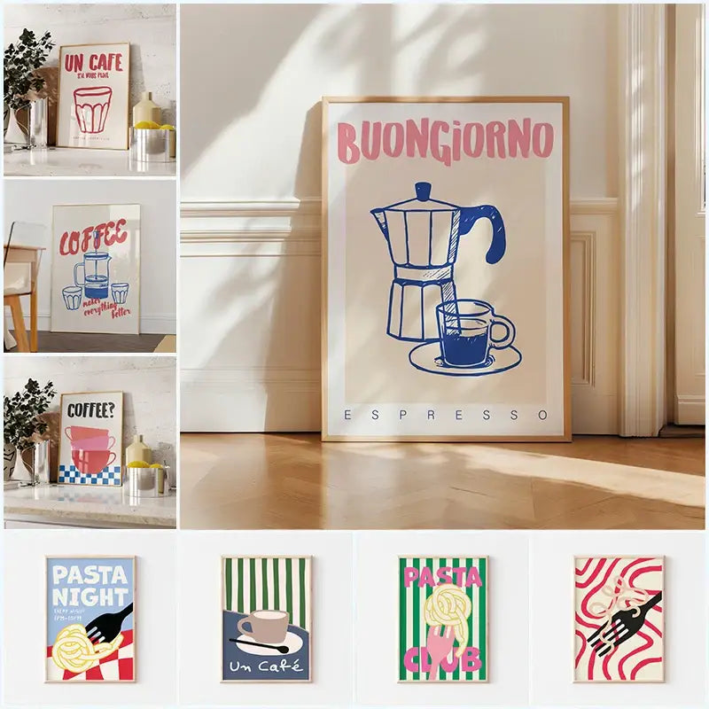 Retro blue and pink espresso wall art kitchen framed poster