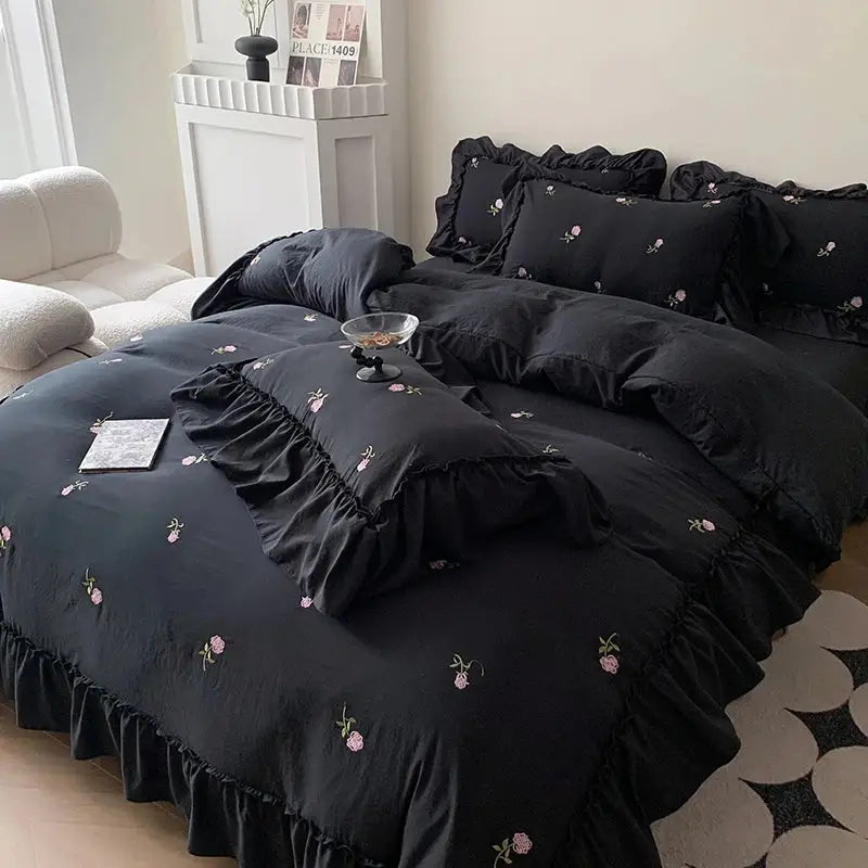 Princess white rose embroidered duvet cover set bedroom ruffled edges