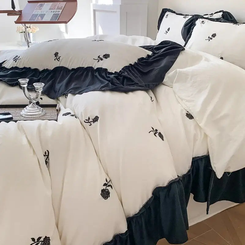 Princess white rose embroidered duvet cover set bedroom ruffled edges