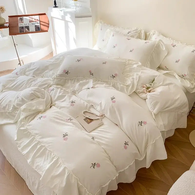Princess white rose embroidered duvet cover set bedroom ruffled edges