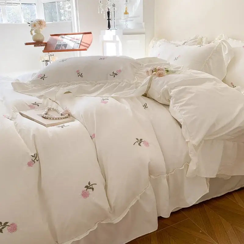 Princess white rose embroidered duvet cover set bedroom ruffled edges