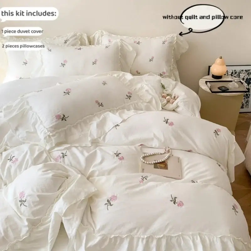Princess white rose embroidered duvet cover set bedroom ruffled edges