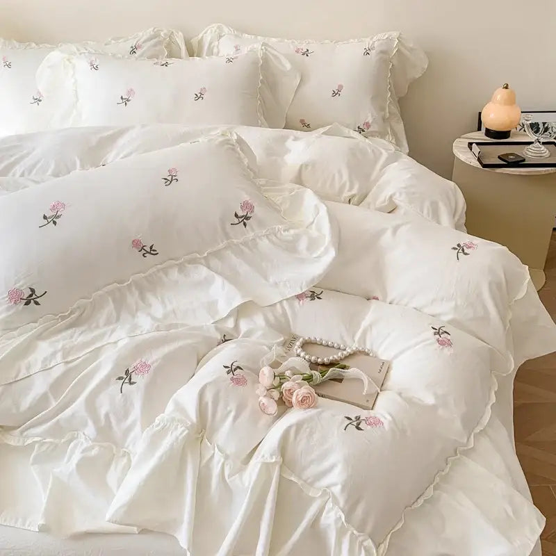 Princess white rose embroidered duvet cover set bedroom ruffled edges
