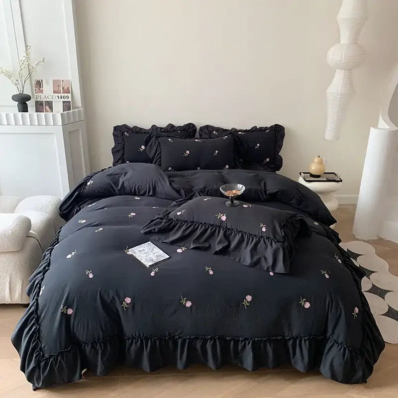 Princess white rose embroidered duvet set bedroom ruffled bedding