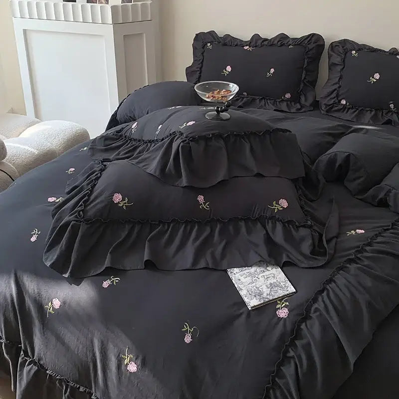 Princess white rose embroidered duvet set bedroom ruffled bedding
