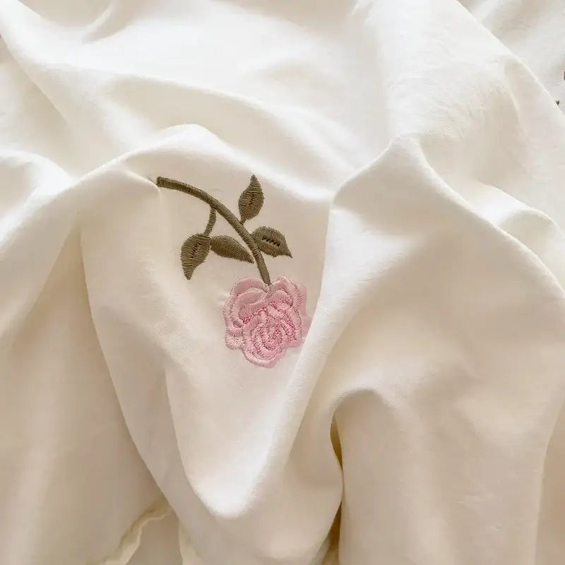 Princess white rose embroidered duvet set bedroom ruffled bedding