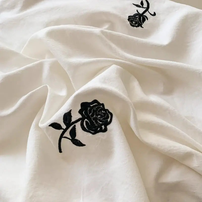 Princess white rose embroidered duvet set bedroom ruffled bedding
