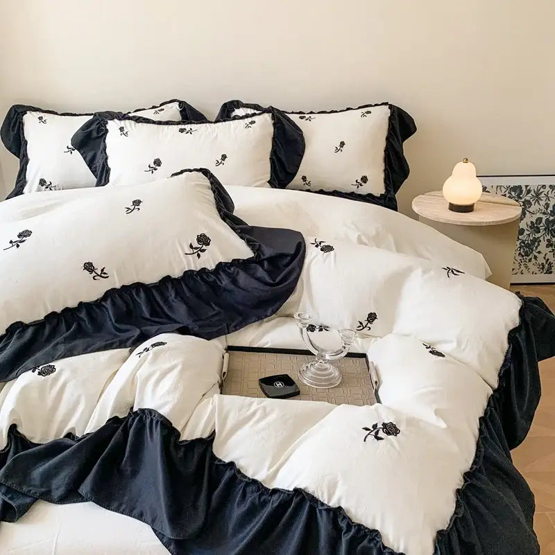 Princess white rose embroidered duvet set bedroom ruffled bedding