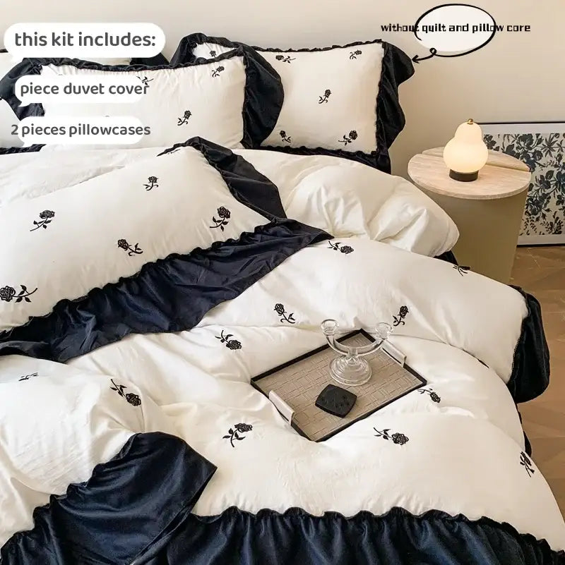 Princess white rose embroidered duvet set bedroom ruffled bedding