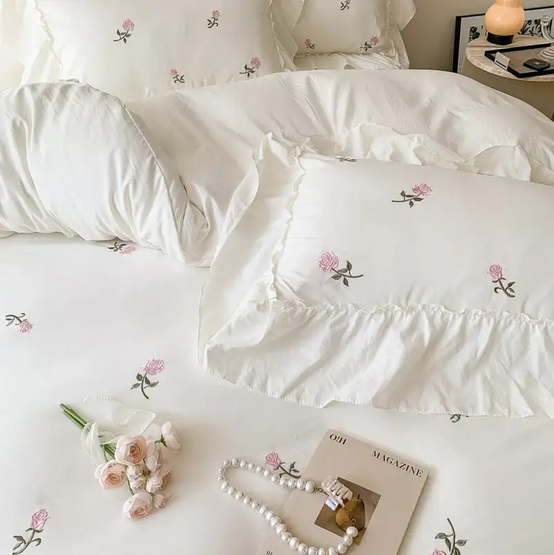 Princess white rose embroidered duvet set bedroom ruffled bedding