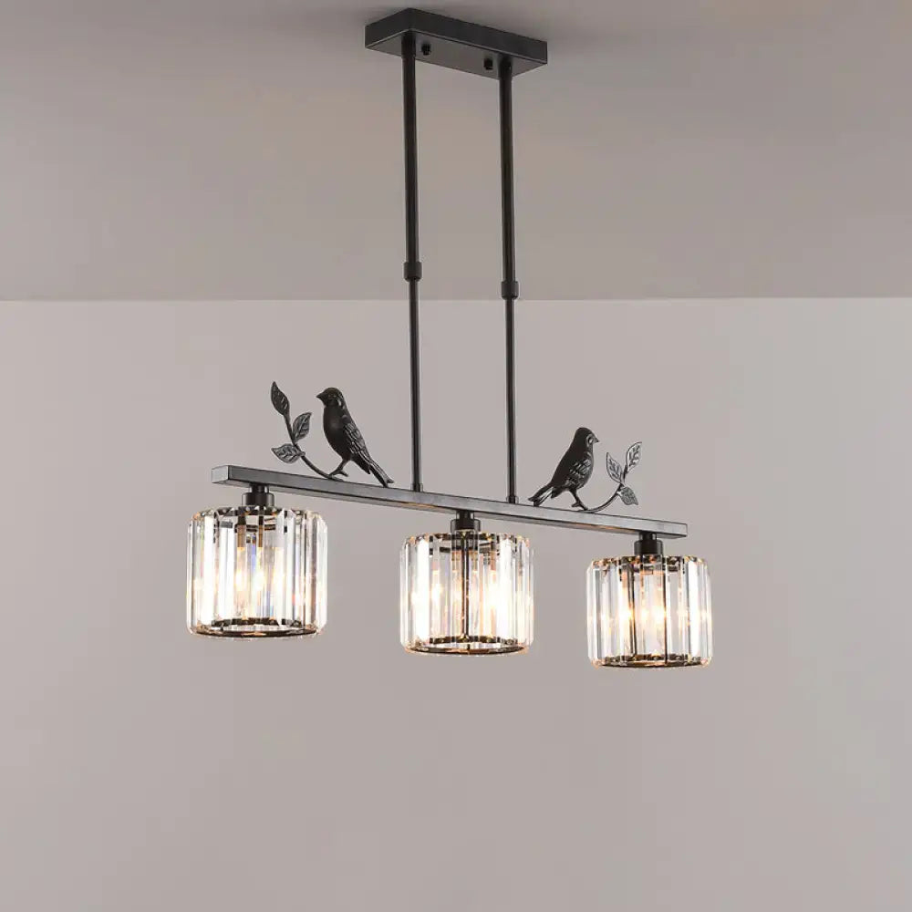 Rustic black cylindrical crystal island lighting dining room bird decor
