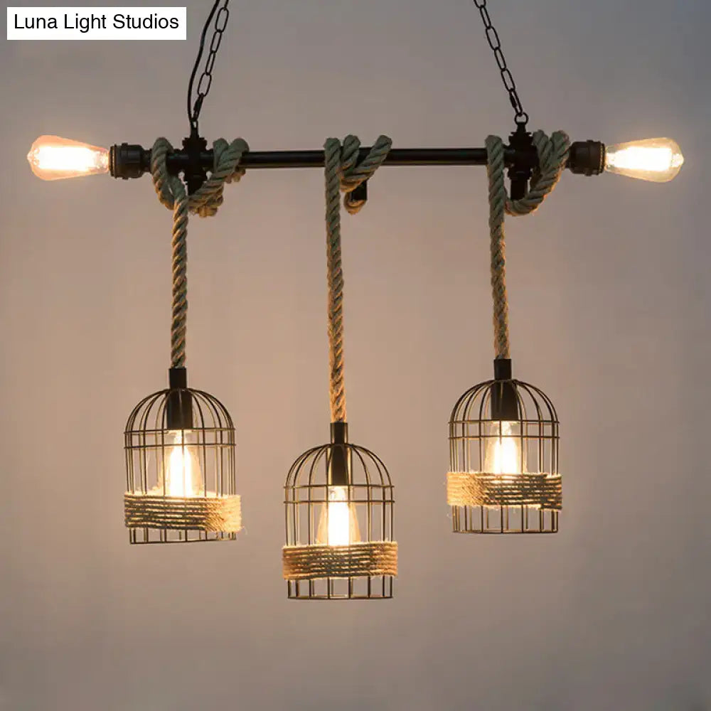 Rustic black metal and rope lantern shade pendant dining room light