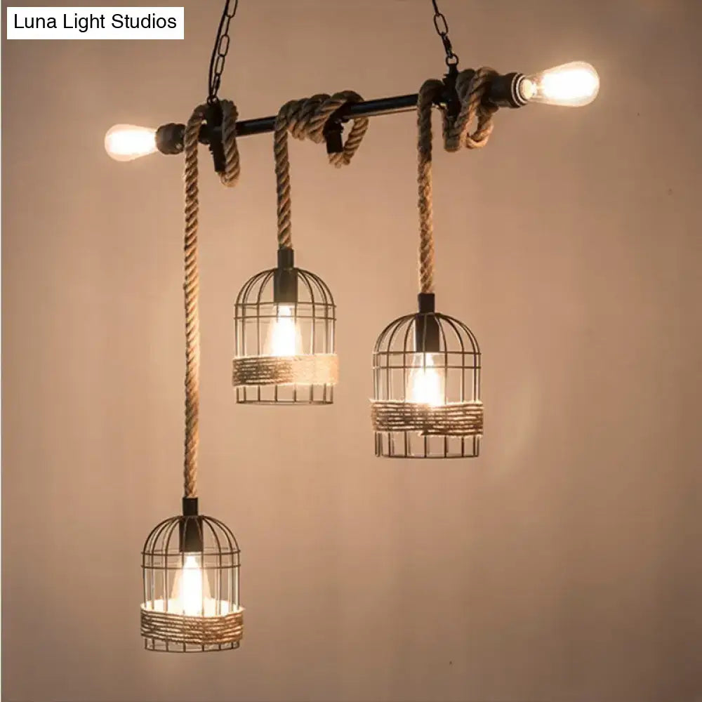 Rustic black metal and rope lantern shade pendant dining room light