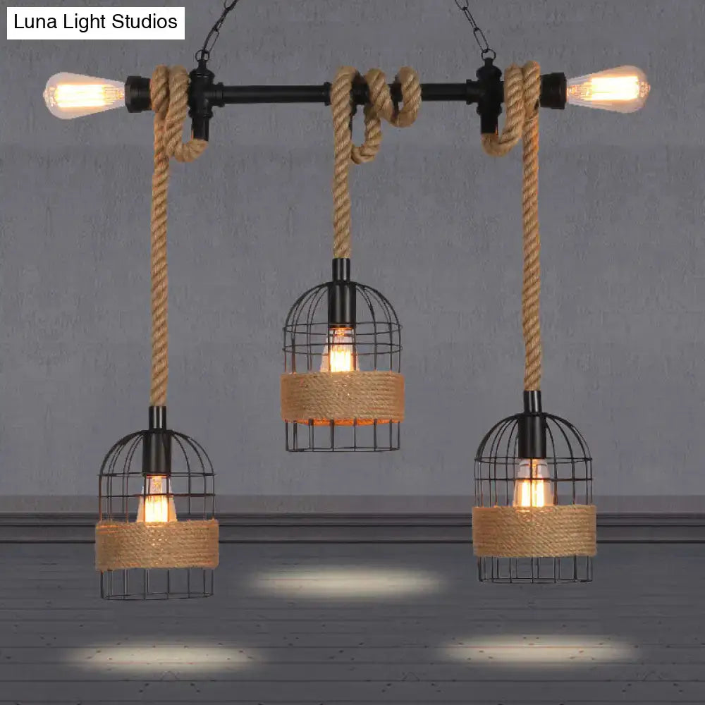 Rustic black metal and rope lantern shade pendant dining room light