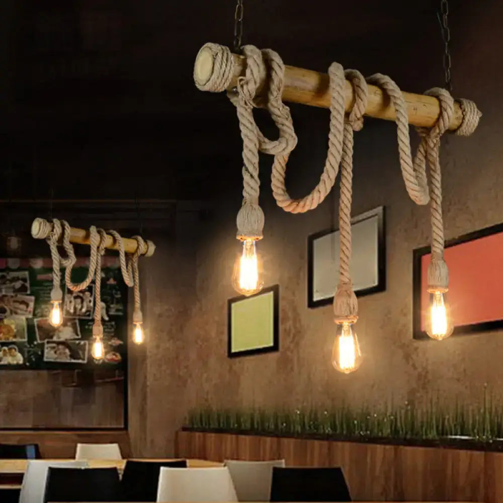 Rustic bamboo rope bare bulb pendant – dining room hanging light