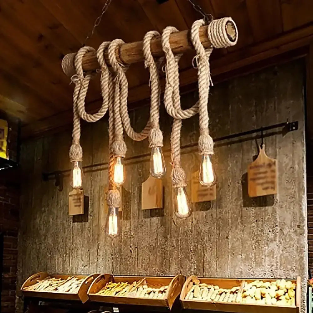 Rustic bamboo rope bare bulb pendant – dining room hanging light