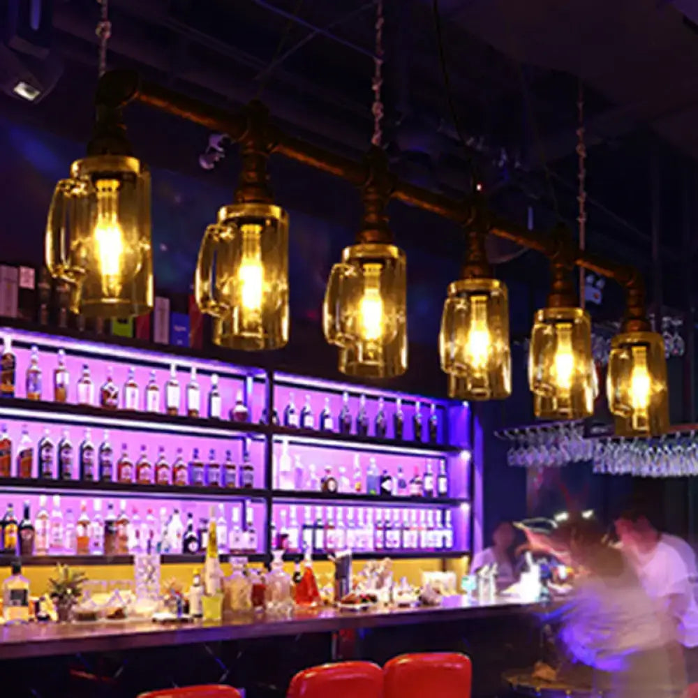Industrial bronze pipe clear glass beer mug pendant light dining room
