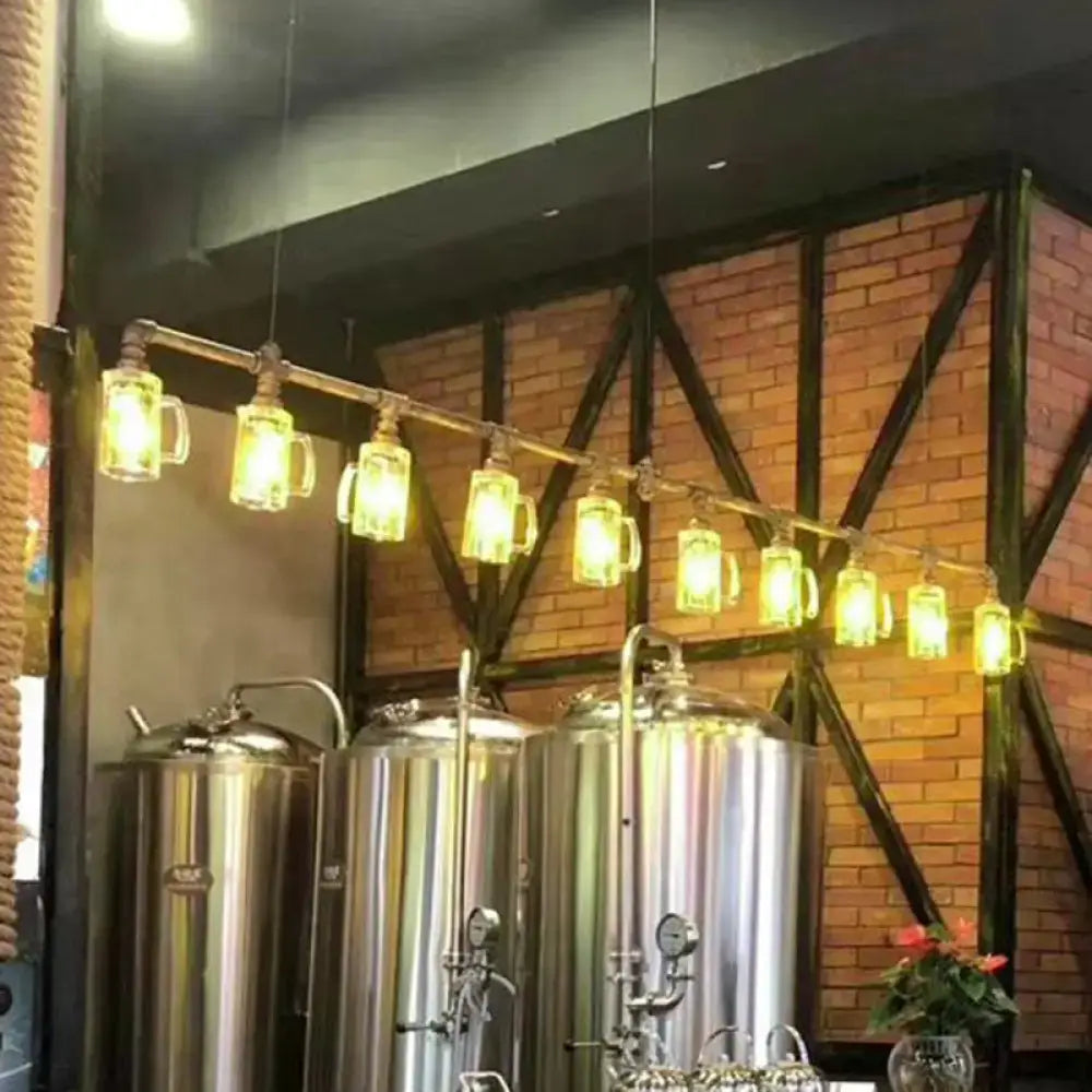 Industrial bronze pipe clear glass beer mug pendant light dining room