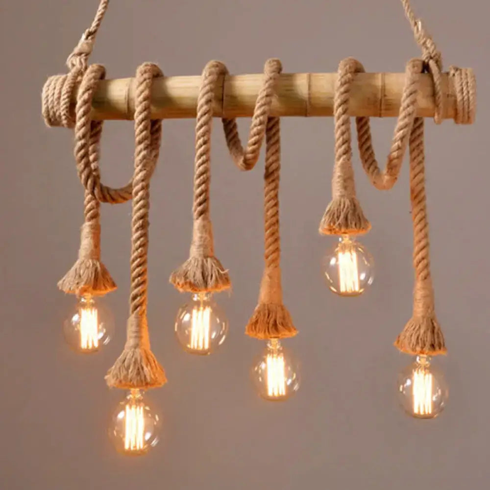 Rustic bare bulb bamboo pole chandelier dining room rope light