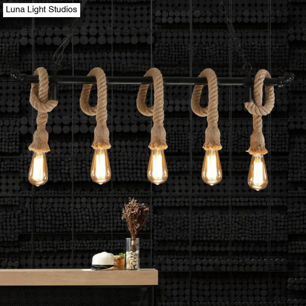 Industrial black water pipe hanging lamp with hemp rope dining room