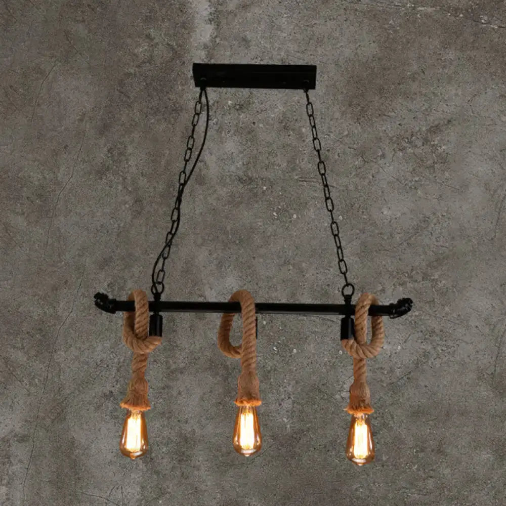 Industrial black water pipe hanging lamp with hemp rope dining room