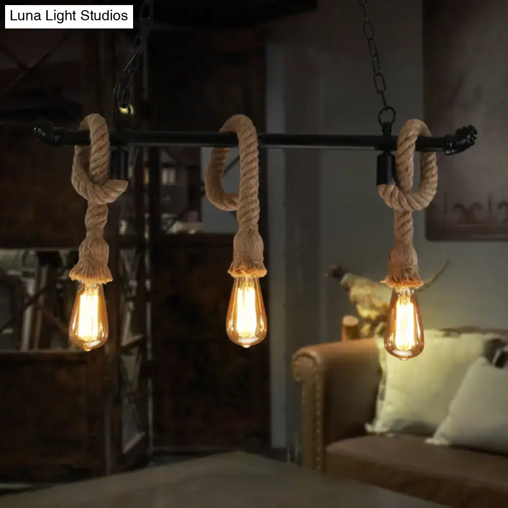 Industrial black water pipe hanging lamp with hemp rope dining room