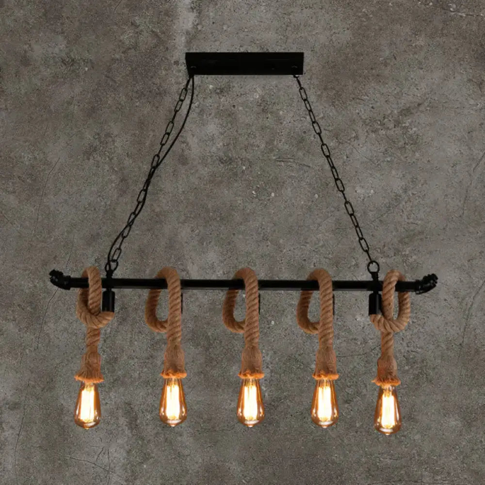 Industrial black water pipe hanging lamp with hemp rope dining room