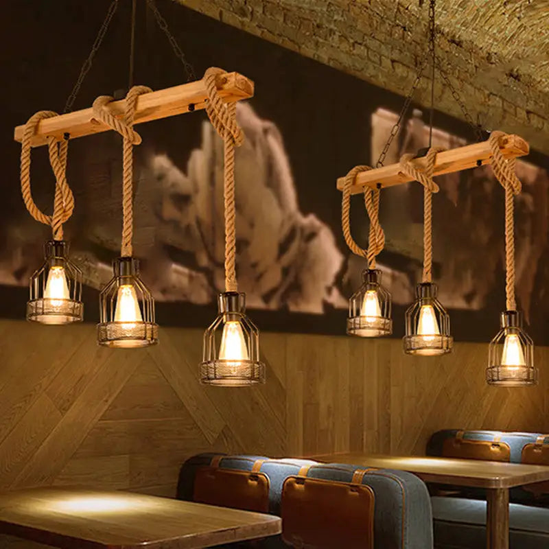 Rustic wood rope cage island light – dining room chandelier
