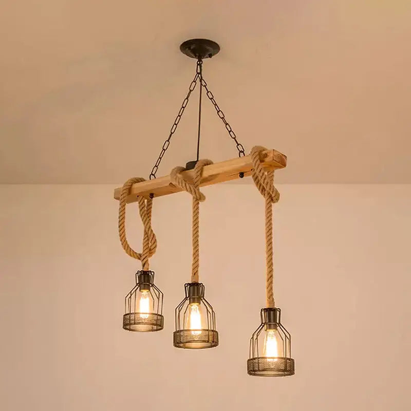 Rustic wood rope cage island light – dining room chandelier