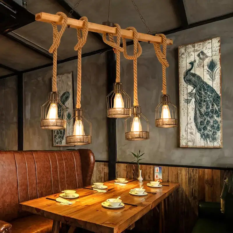 Rustic wood rope cage island light – dining room chandelier