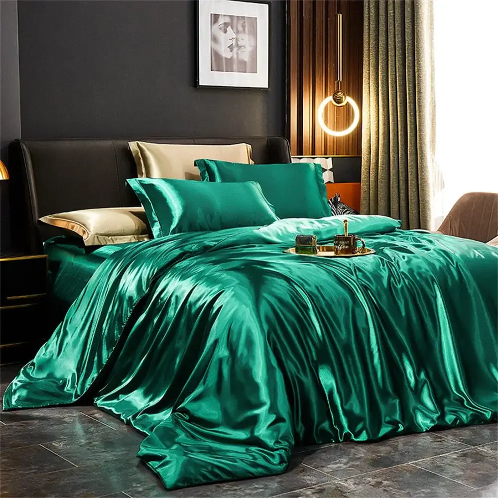 Luxury teal satin sheets and 3 pcs duvet cover bedroom bedding set