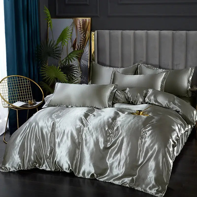 Luxury silver satin duvet cover set bedroom silk finish bedding