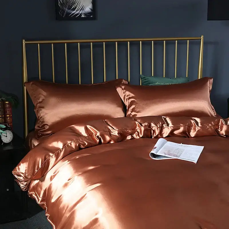Luxury chocolate brown satin duvet cover bed sheet set bedroom bedding