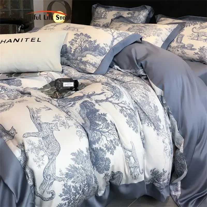 Toile blue & white eucalyptus fiber duvet cover bedroom set