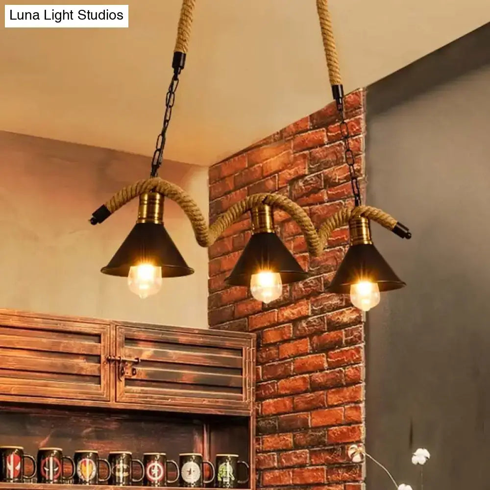 Industrial black spiral rope pendant light kitchen island cone shade