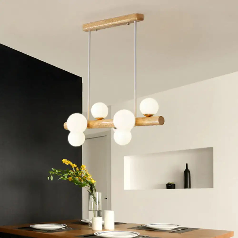 Modern wooden led ceiling light with cream glass shade dining room