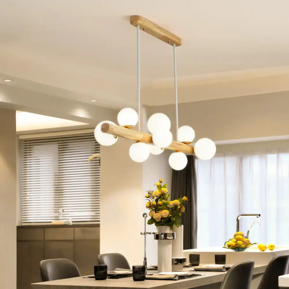 Modern wooden led ceiling light with cream glass shade dining room