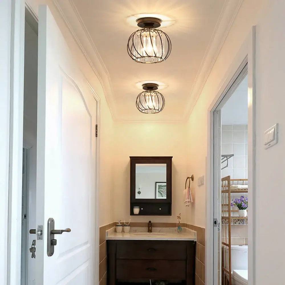Farmhouse bronze metal cage ceiling light with crystals for bedroom