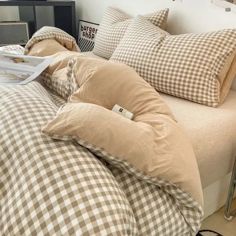 Japanese beige & white quilted duvet cover set bedroom bedding
