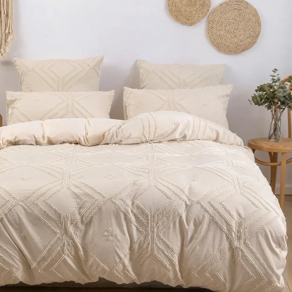 Beige geometric quilted duvet cover set bedroom frayed texture
